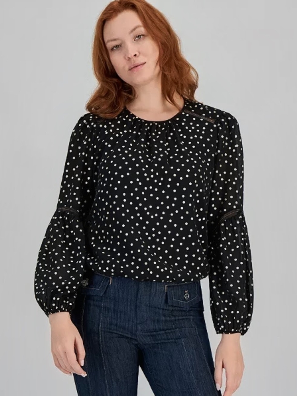Tommy Hilfiger Fully Lined Black With Gold Polka Dot Long-Sleeve Blouse